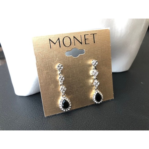 NWT Vintage Signed Monet Silver & Black Teardrop Crystal Trim Dangly Earrings - Picture 6 of 10